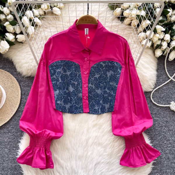 Balloon Sleeve Contrast Denim Corset Blouse