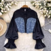 Balloon Sleeve Contrast Denim Corset Blouse