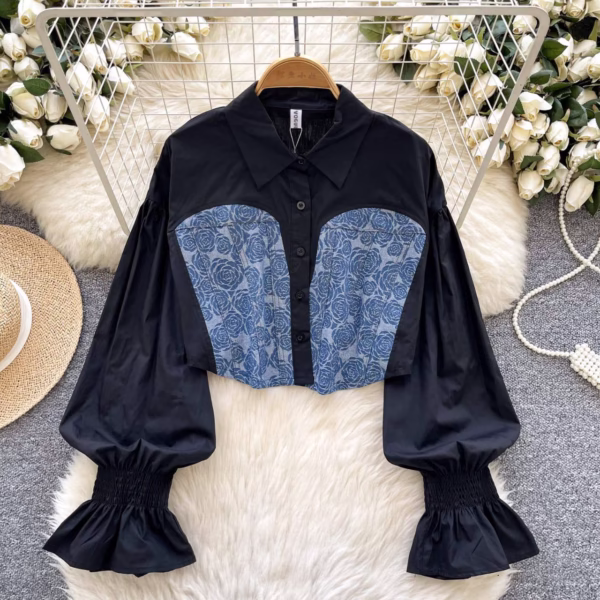 Balloon Sleeve Contrast Denim Corset Blouse