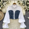Balloon Sleeve Contrast Denim Corset Blouse