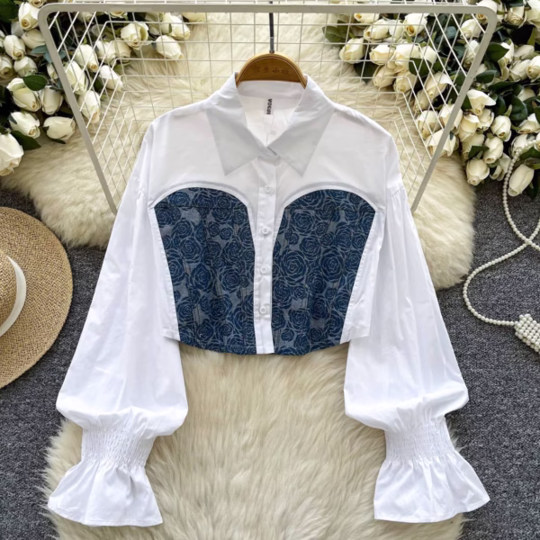 Balloon Sleeve Contrast Denim Corset Blouse