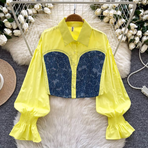 Balloon Sleeve Contrast Denim Corset Blouse