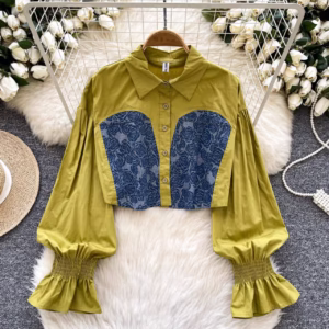 Balloon Sleeve Contrast Denim Corset Blouse