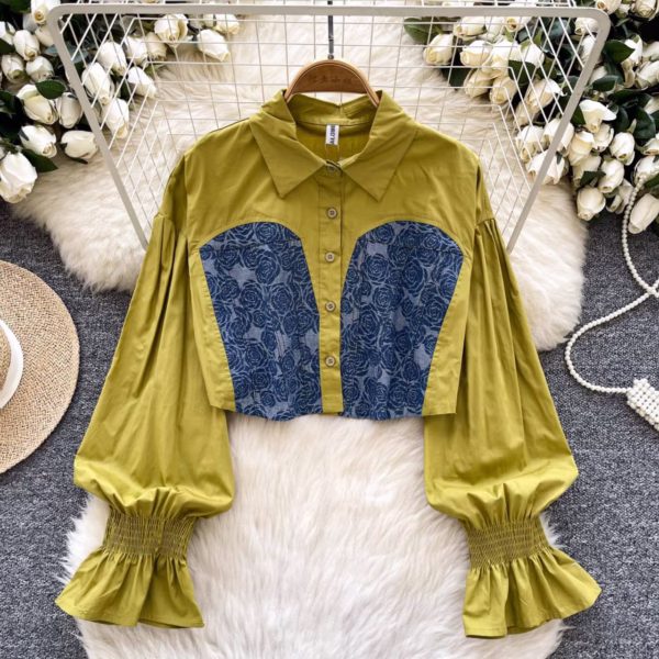 Balloon Sleeve Contrast Denim Corset Blouse