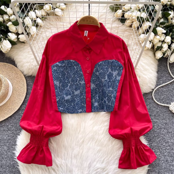 Balloon Sleeve Contrast Denim Corset Blouse