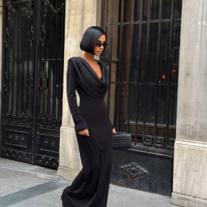 Cowl-Neck Sleeved Maxi Dress: