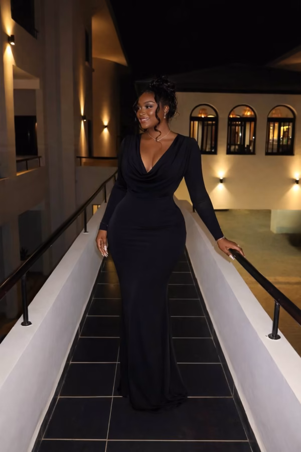 Cowl-Neck Sleeved Maxi Dress: